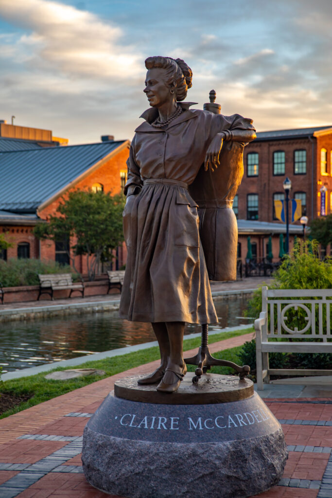 Scupture of Claire McCardell on Carroll Creek Park