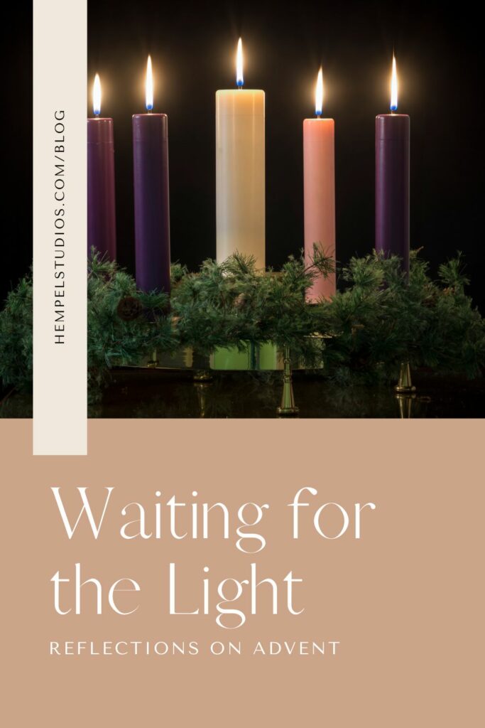 Image of Advent candles with a pine bough wreath. Text reads" Waiting for the Light: Reflections on Advent"